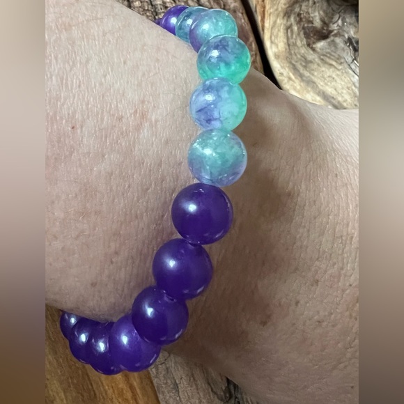 New 925 Green Fluorite & Amethyst Bracelet Natural Stone Beaded Stretchy 8mm - Picture 4 of 5